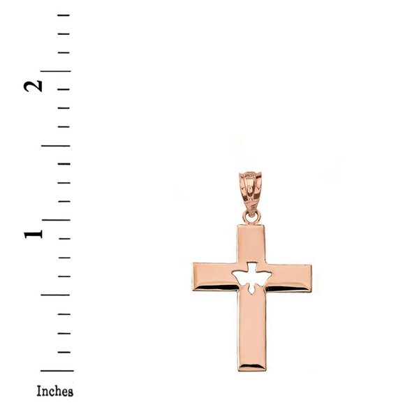 14K Solid Gold Religious Cross Cut-Out Holy Spirit Dove Pendant -